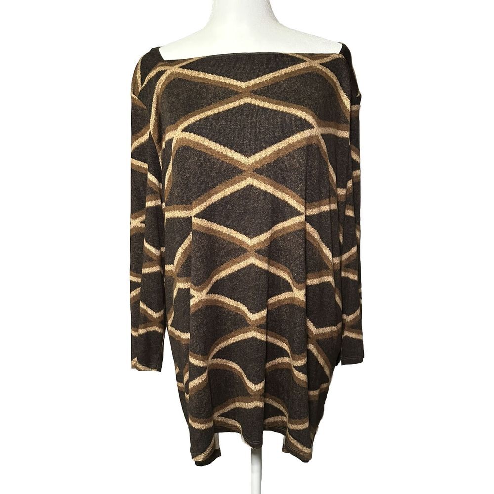 Lauren Ralph Lauren 3X 3/4 Length Sleeve Boat Neck Brown Pattern Shirt